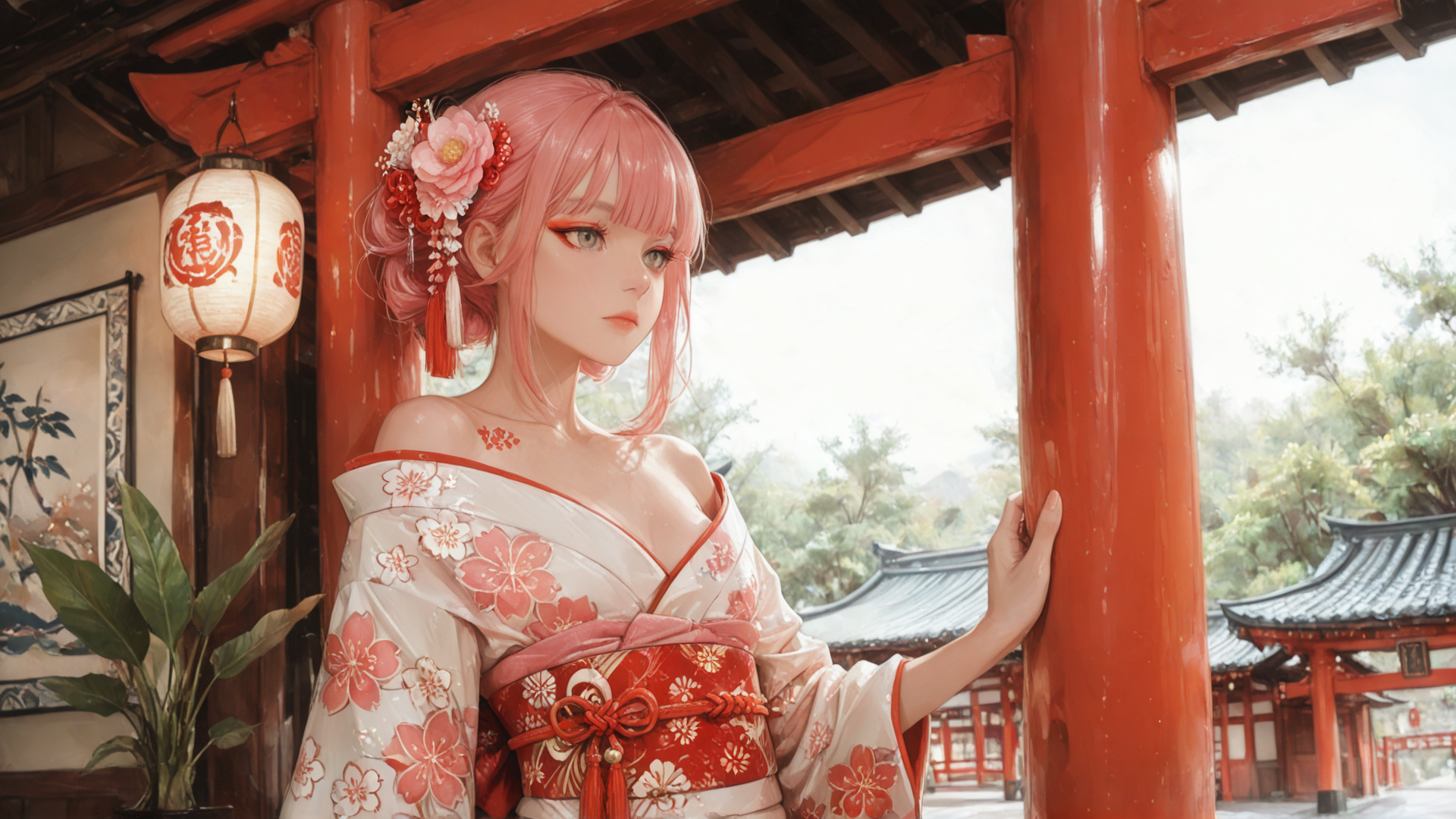 AI generated wallpaper featuring woman, traditional dress, lantern, bamboo, cherry blossom, column, archway, garden, building
