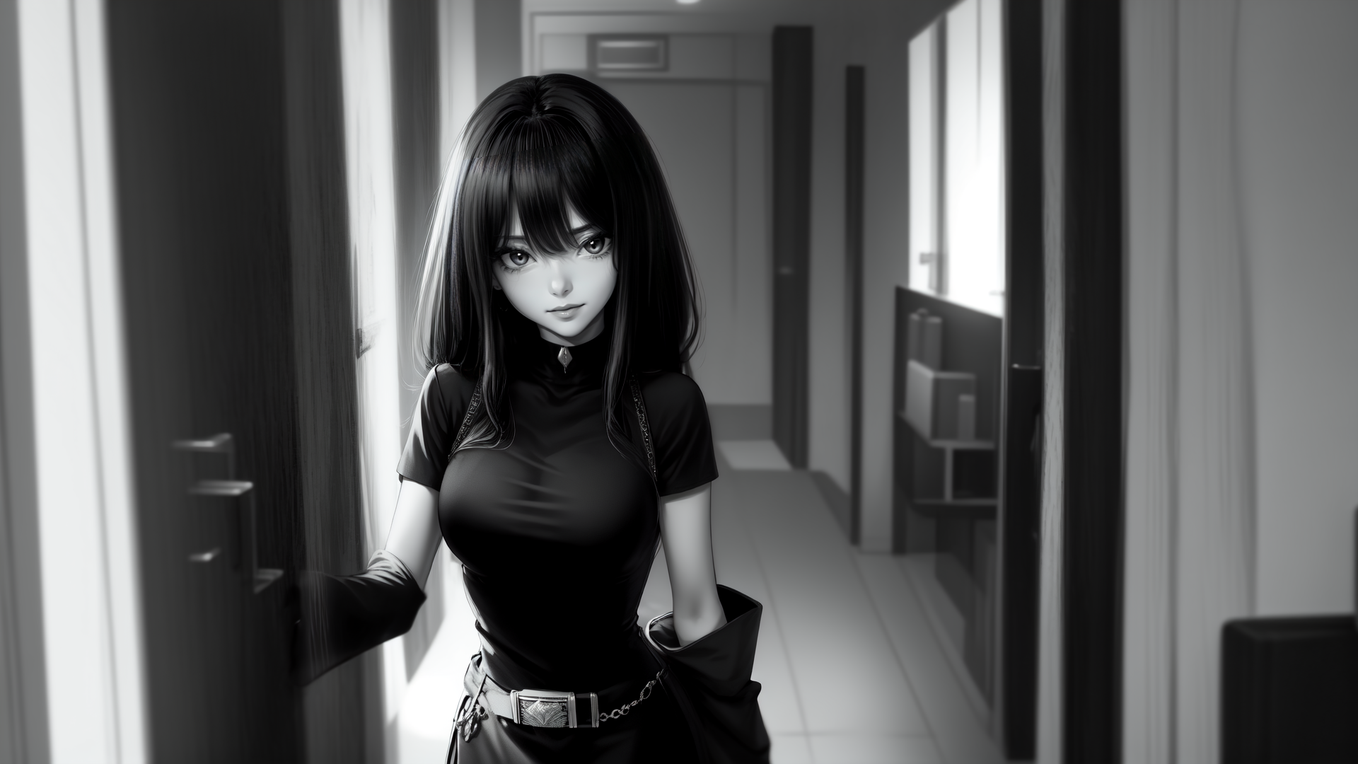 AI generated wallpaper featuring woman, anime, corridor