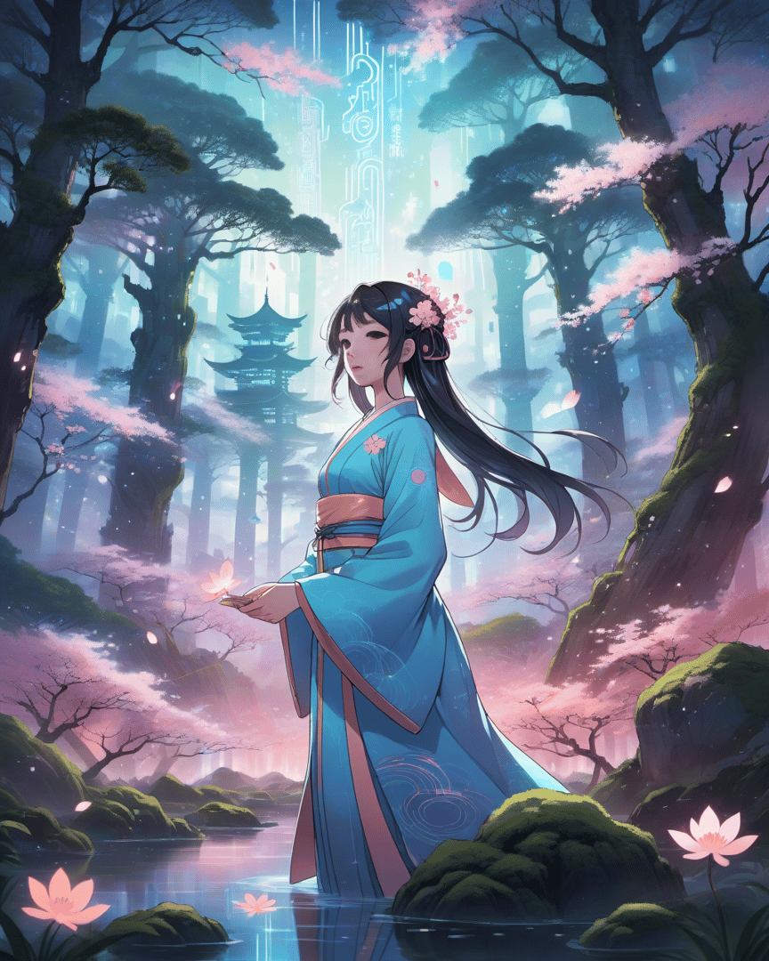 AI generated wallpaper featuring woman, cherry blossoms, lotus