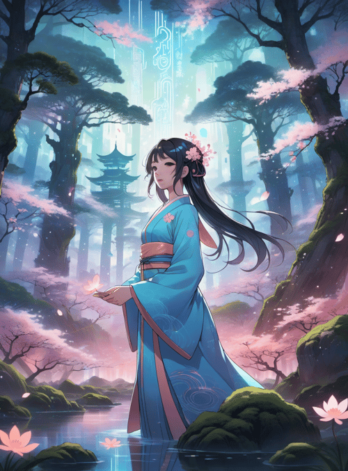 woman, cherry blossoms, lotus