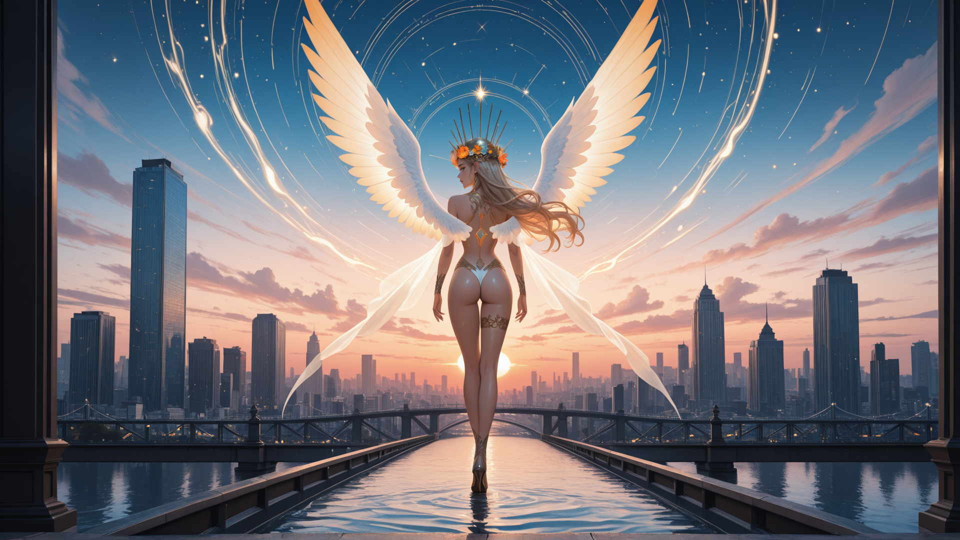 AI generated wallpaper featuring angel, woman, city, bridge, wings, sunset, sky, stars, flowers, water