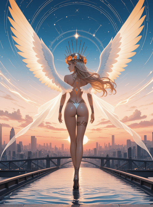 angel, woman, city, bridge, wings, sunset, sky, stars, flowers, water