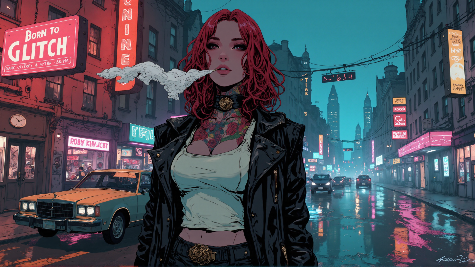 AI generated wallpaper featuring woman, red hair, tattoo, leather jacket, city street, taxi, neon signs, smoke, buildings, cars