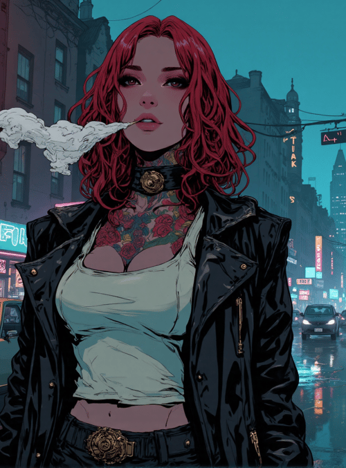 woman, red hair, tattoo, leather jacket, city street, taxi, neon signs, smoke, buildings, cars
