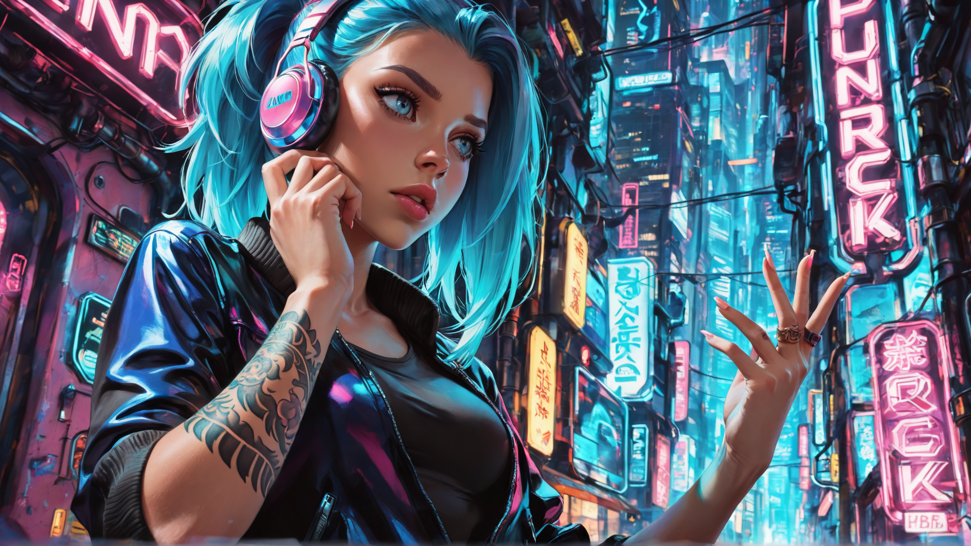 AI generated wallpaper featuring woman, headphones, tattoo, cityscape, neon signs