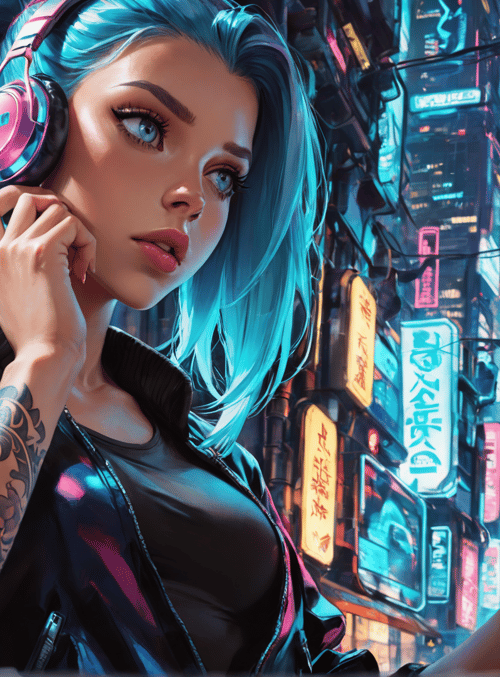 woman, headphones, tattoo, cityscape, neon signs