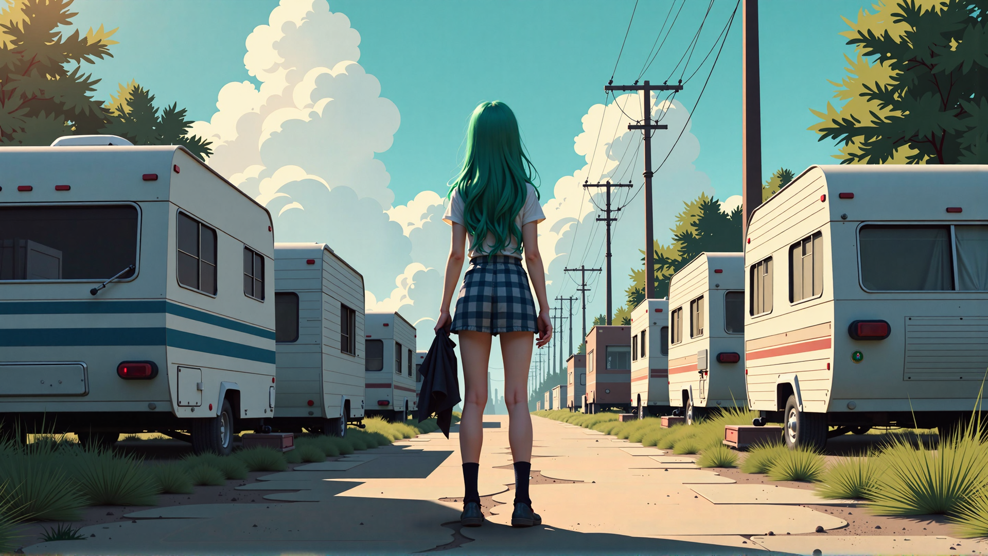 AI generated wallpaper featuring girl, camper, trailer, path, trees, power line, cloud, sock, shoe, skirt