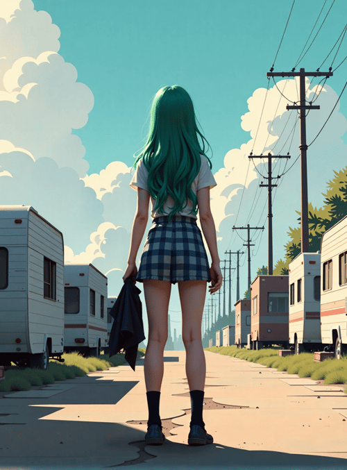girl, camper, trailer, path, trees, power line, cloud, sock, shoe, skirt