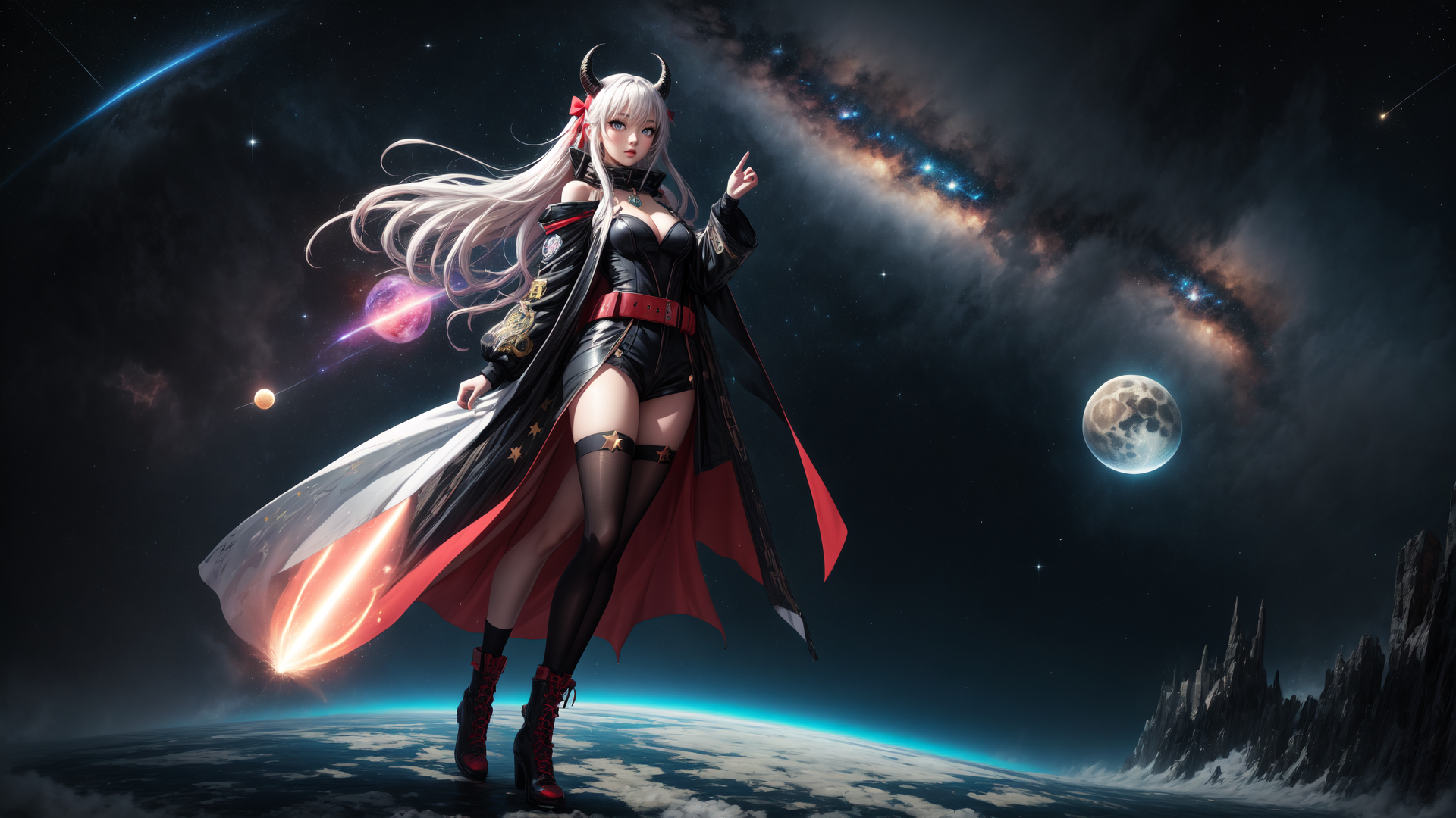 AI generated wallpaper featuring anime girl, devil horns, space, galaxy, moon, stars, planet, cape, leggings, boots