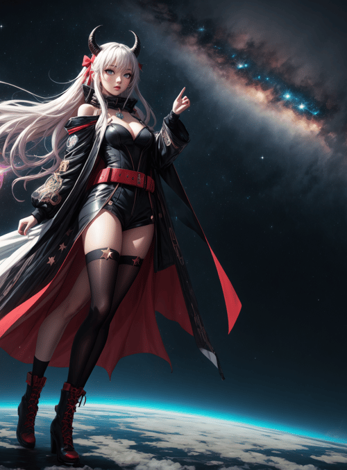 anime girl, devil horns, space, galaxy, moon, stars, planet, cape, leggings, boots