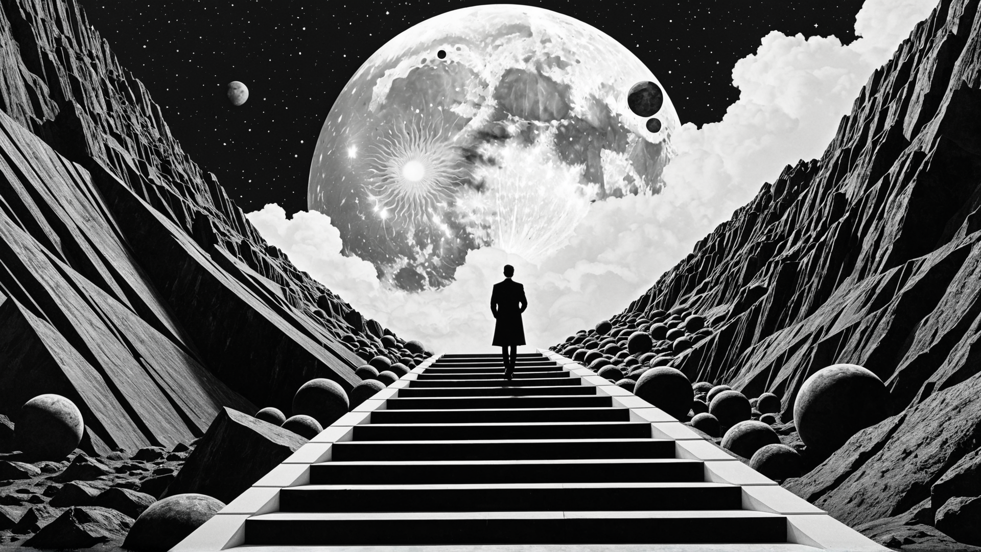 AI generated wallpaper featuring man, steps, mountains, spheres, moon, planets, sky, clouds, stars, universe