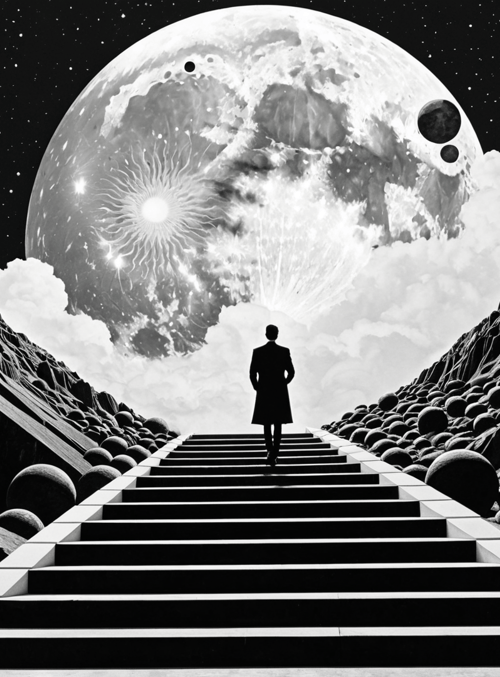 man, steps, mountains, spheres, moon, planets, sky, clouds, stars, universe