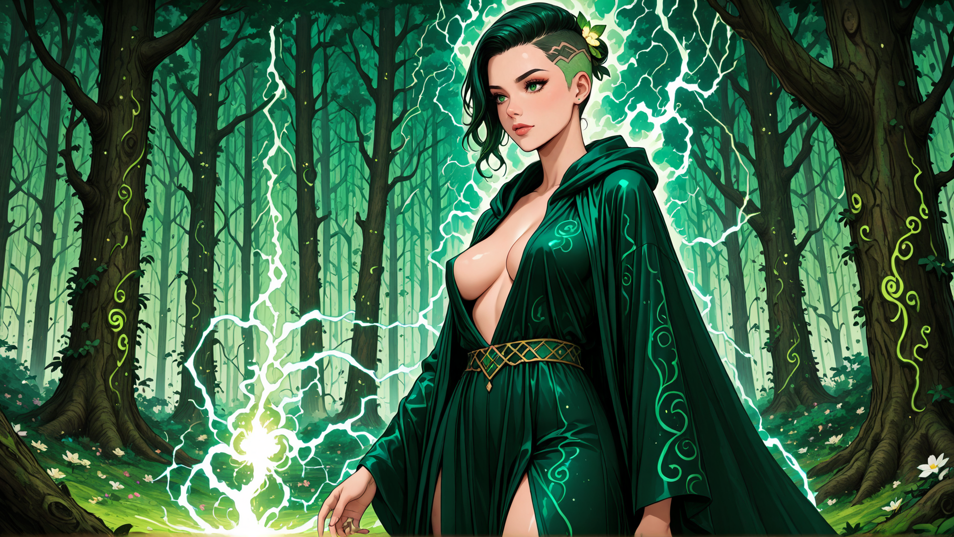 AI generated wallpaper featuring woman, forest, mage, trees, lightning