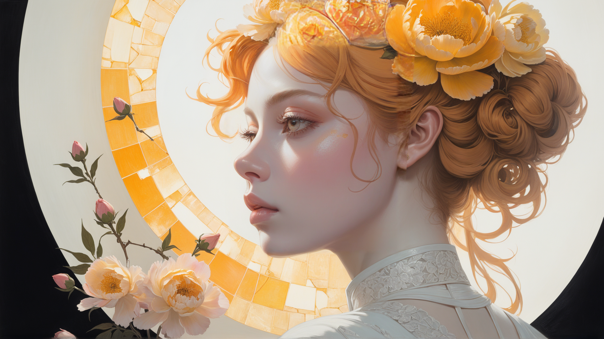 AI generated wallpaper featuring woman, flowers, sun