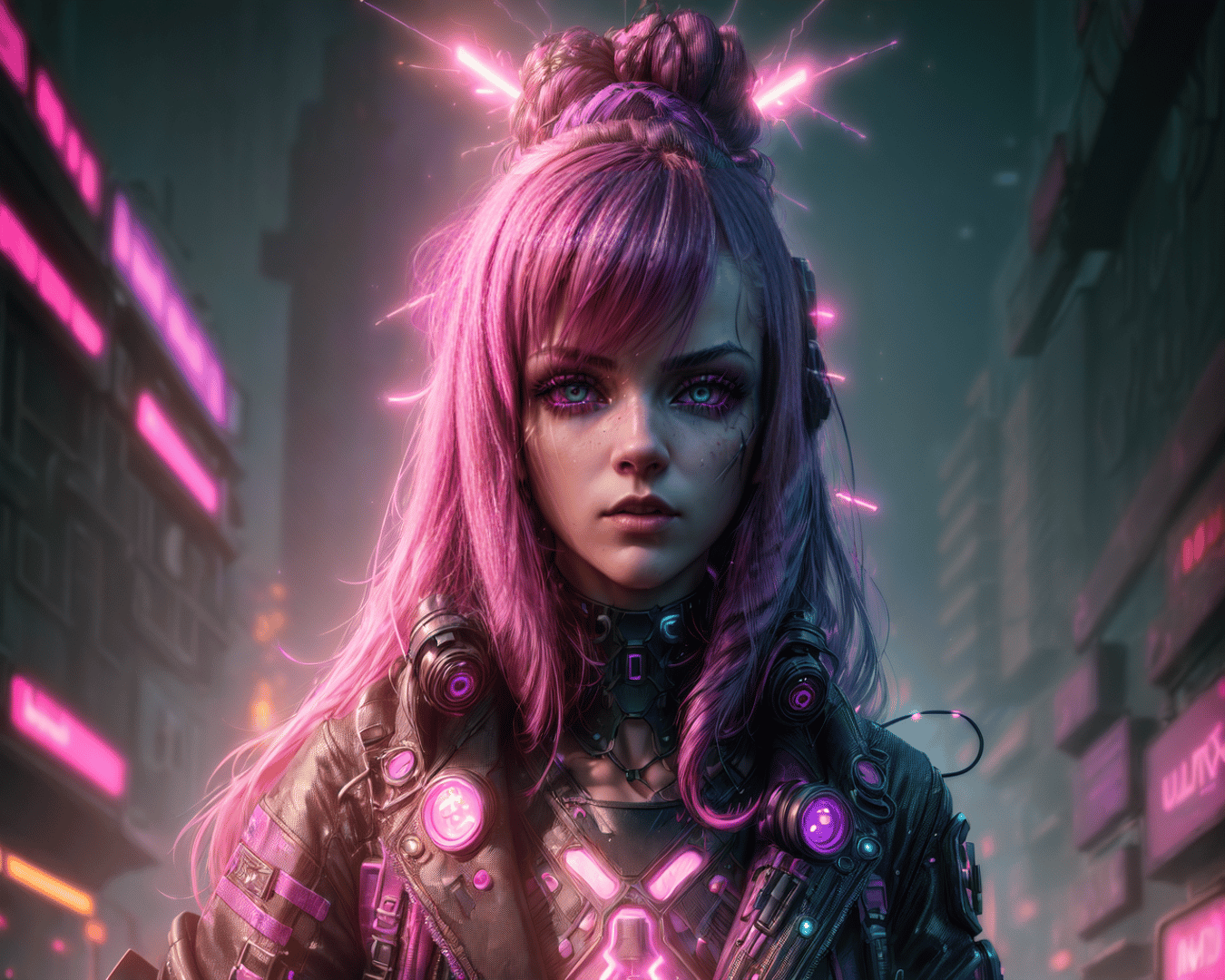 AI generated wallpaper featuring cyberpunk woman, neon, urban