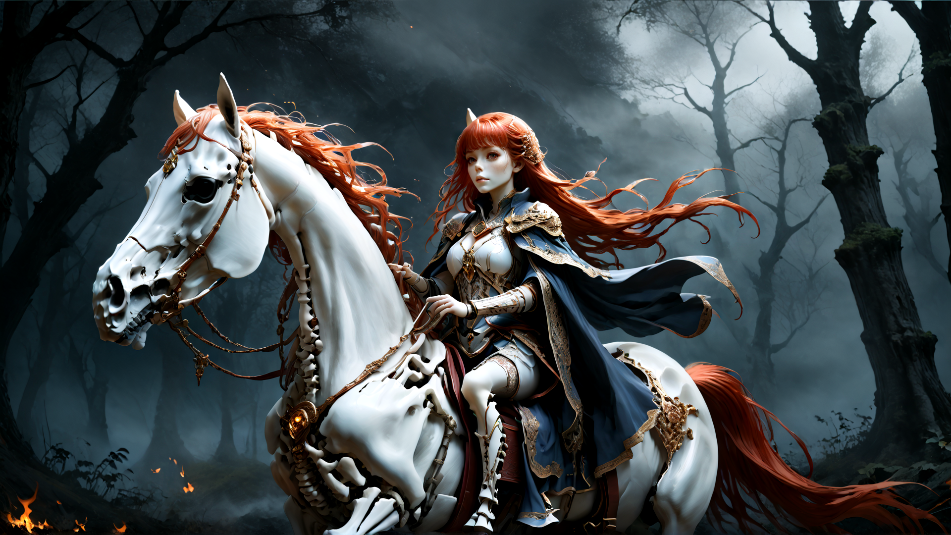 AI generated wallpaper featuring woman, horse, skeleton, forest, mist