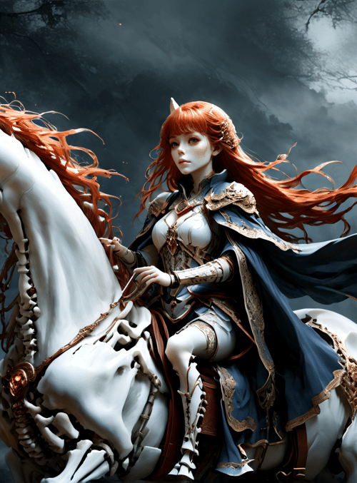 woman, horse, skeleton, forest, mist