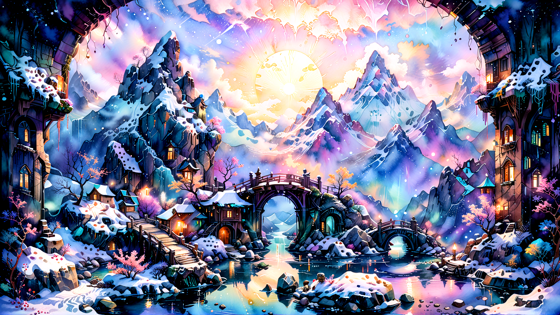 AI generated wallpaper featuring mountains, bridge, village, river, trees, houses, snow, sun, sky, buildings