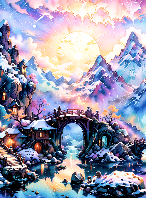 mountains, bridge, village, river, trees, houses, snow, sun, sky, buildings