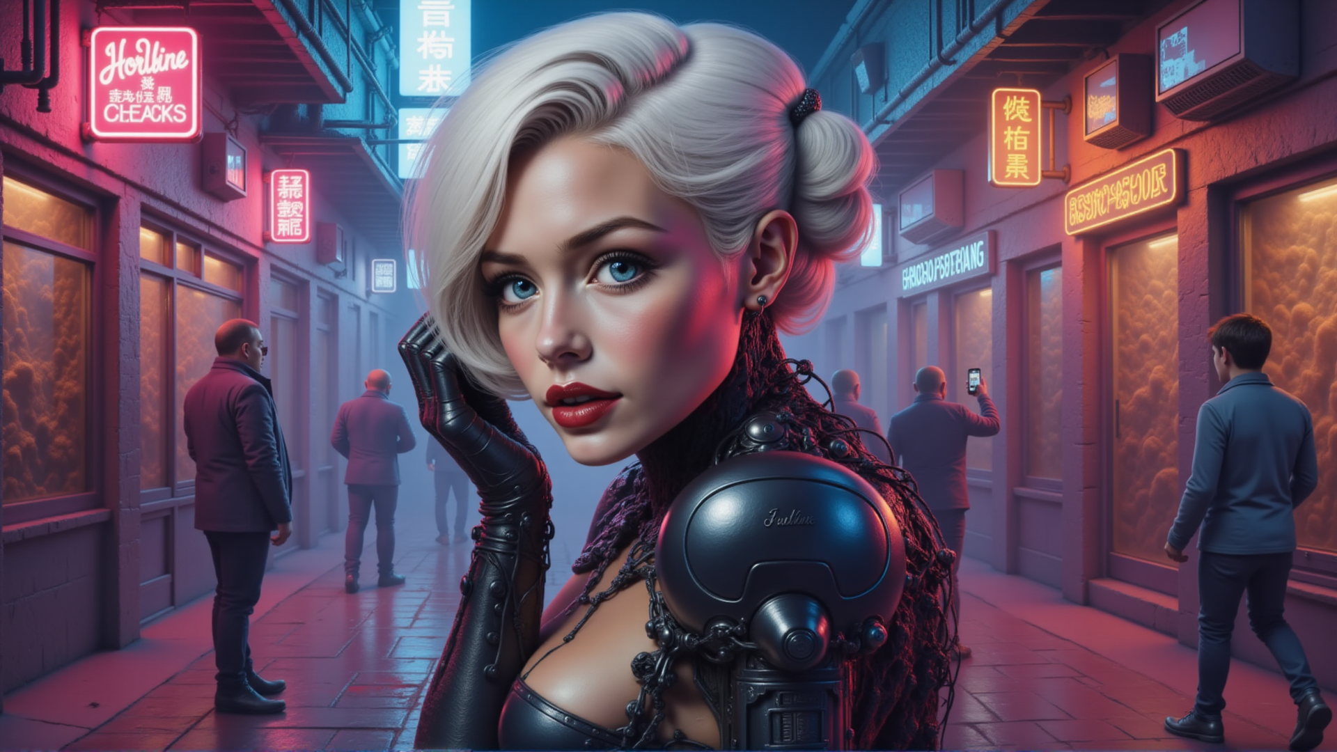 AI generated wallpaper featuring woman, robot, neon, alley, signs, people, gloves, hair, glasses, building