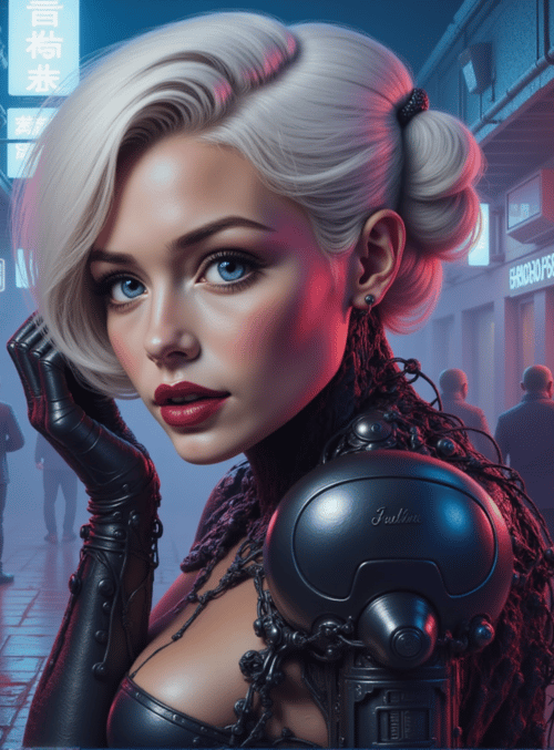 woman, robot, neon, alley, signs, people, gloves, hair, glasses, building