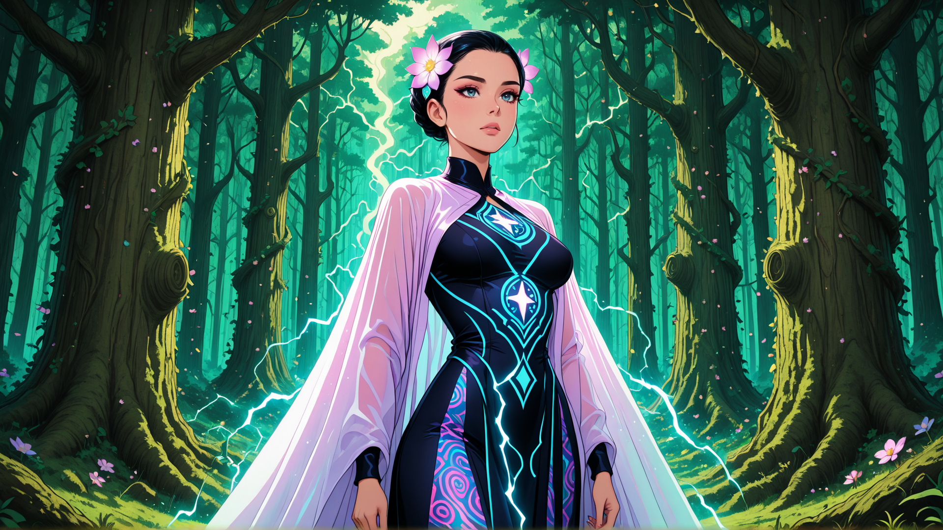 AI generated wallpaper featuring woman, forest, electricity, flower, cape, dress, trees