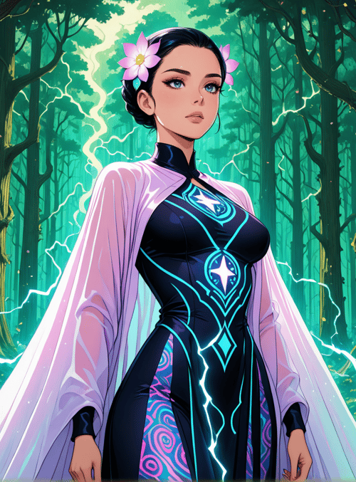 woman, forest, electricity, flower, cape, dress, trees