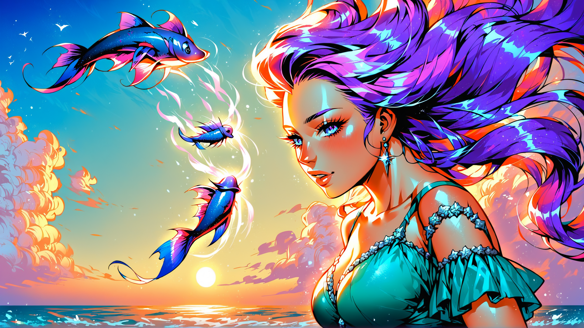 AI generated wallpaper featuring woman, fish, ocean, sun, clouds, hair