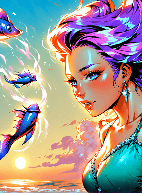 woman, fish, ocean, sun, clouds, hair