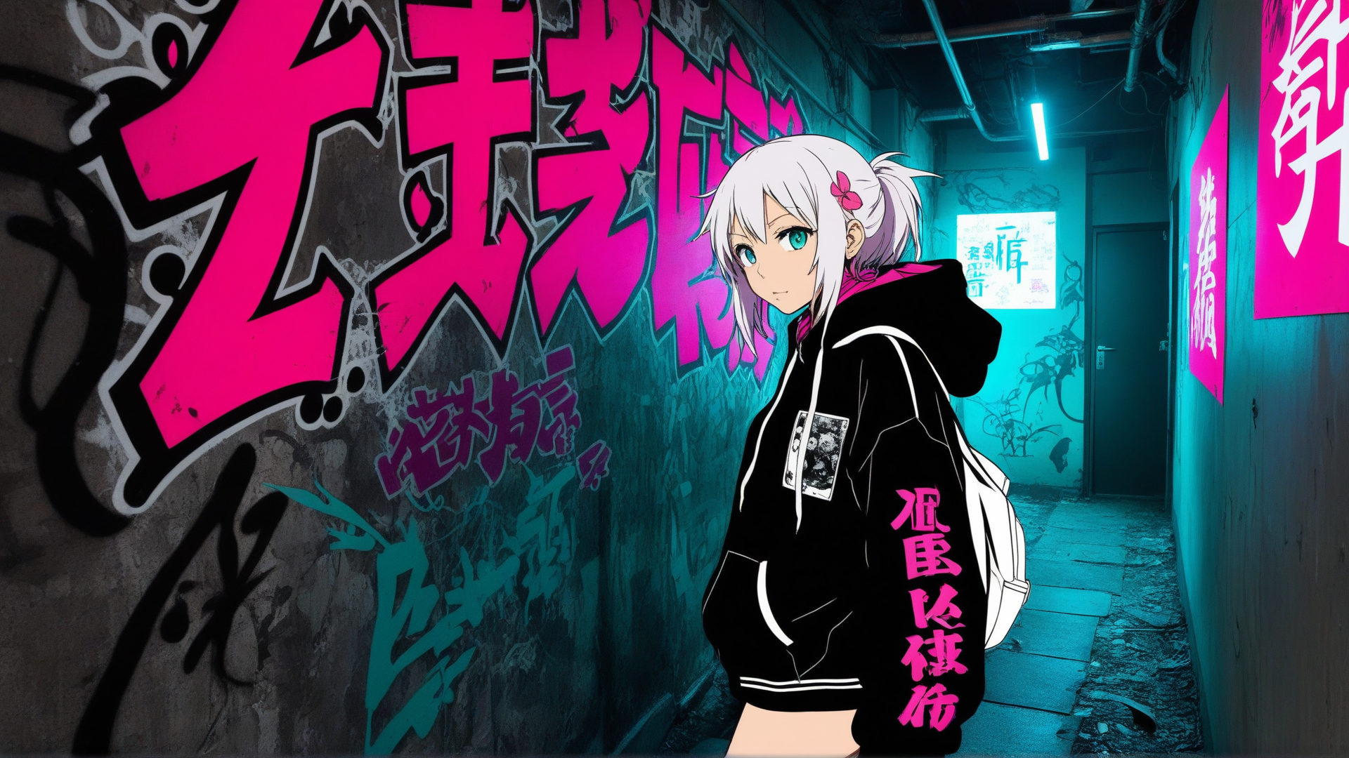 AI generated wallpaper featuring anime girl, graffiti, alley