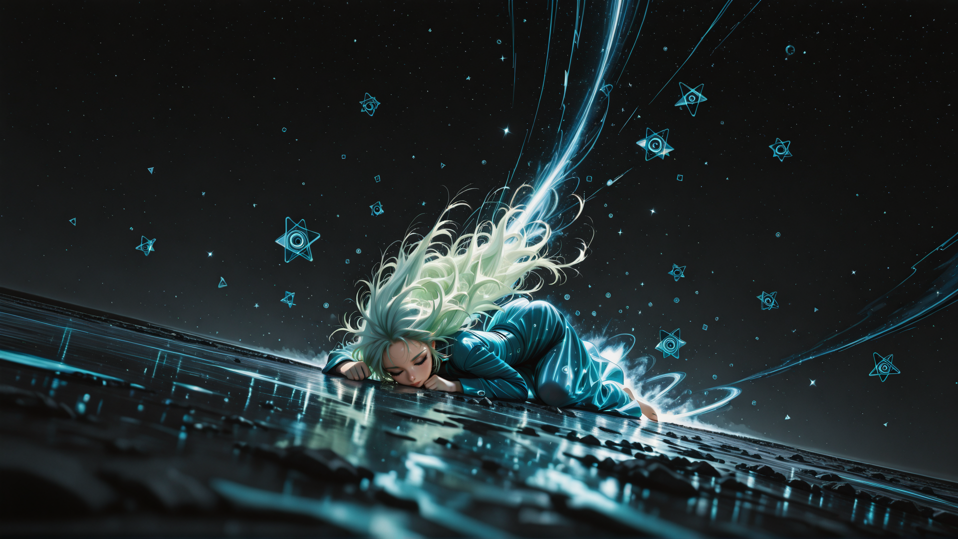 AI generated wallpaper featuring girl, stars, light