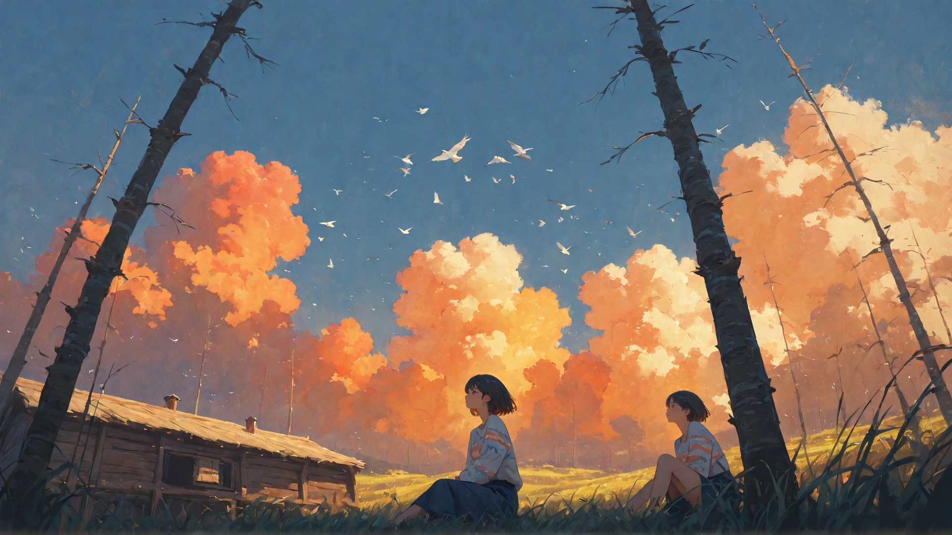AI generated wallpaper featuring girls, trees, birds