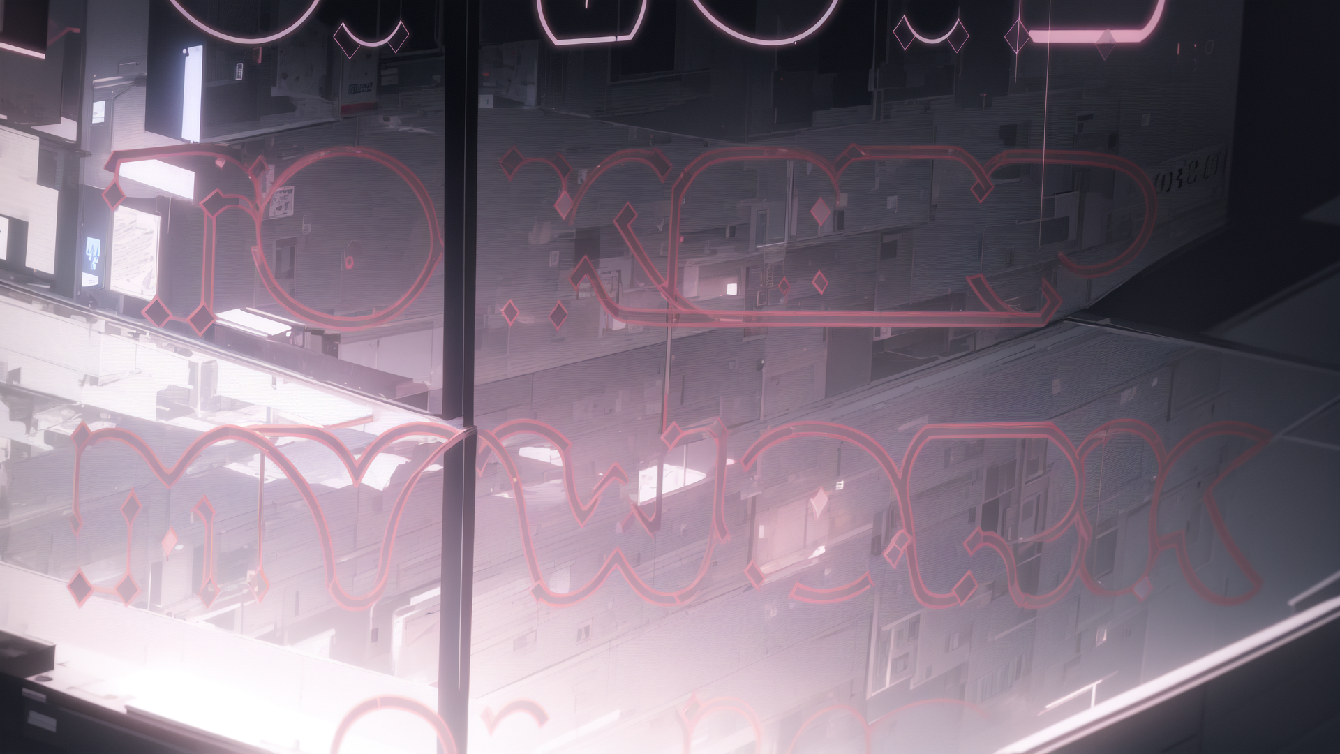 AI generated wallpaper featuring neon, cityscape, glass