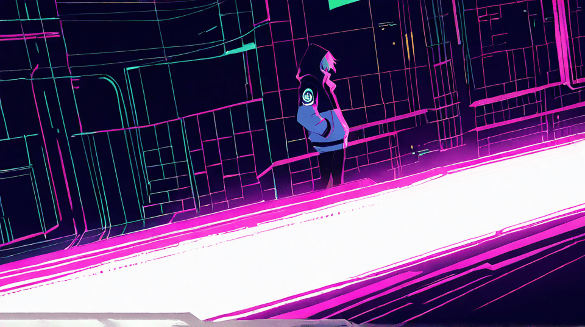 AI generated wallpaper featuring person, cyberpunk, robot