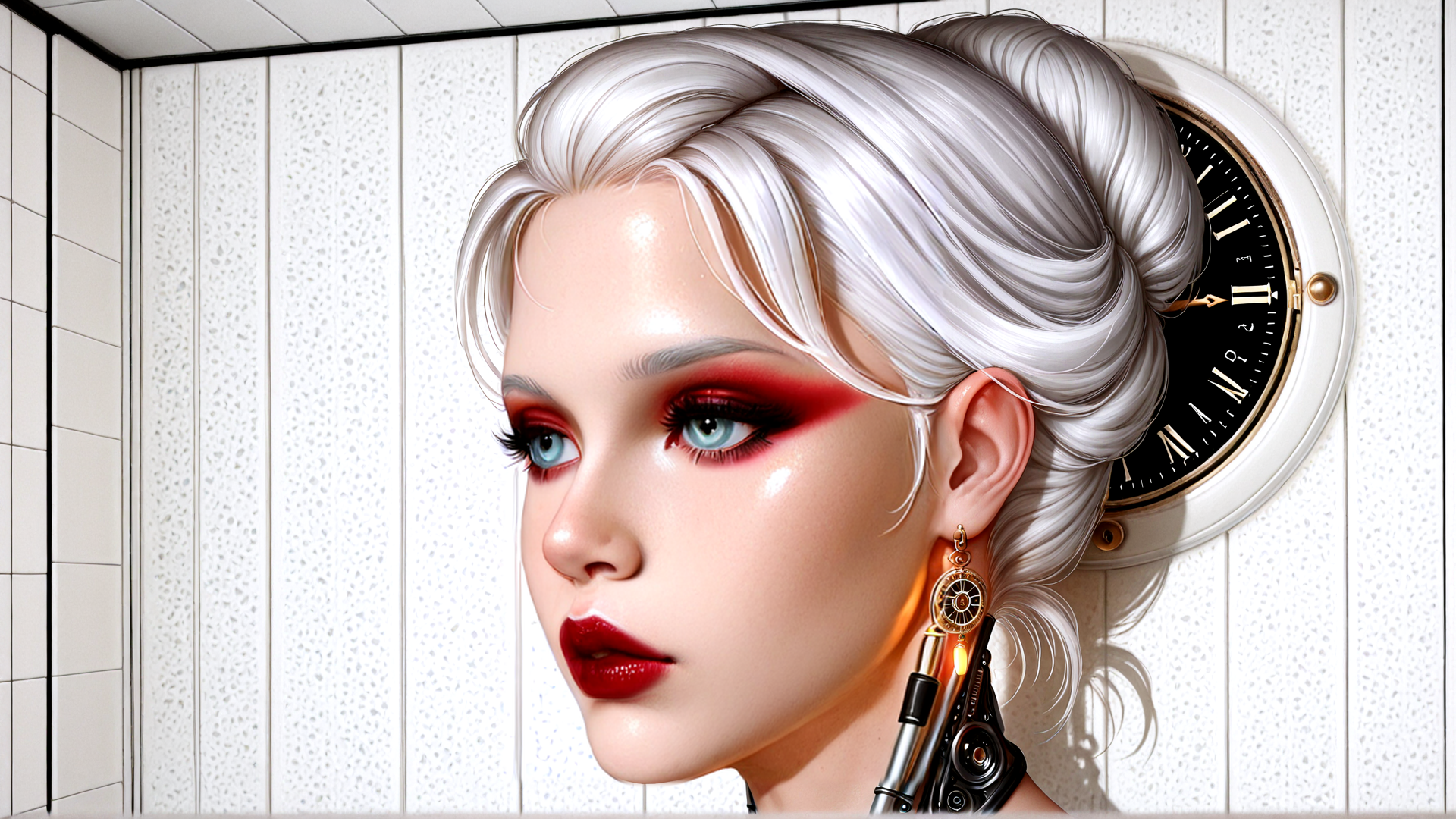AI generated wallpaper featuring woman, clock, earring, hair, wall