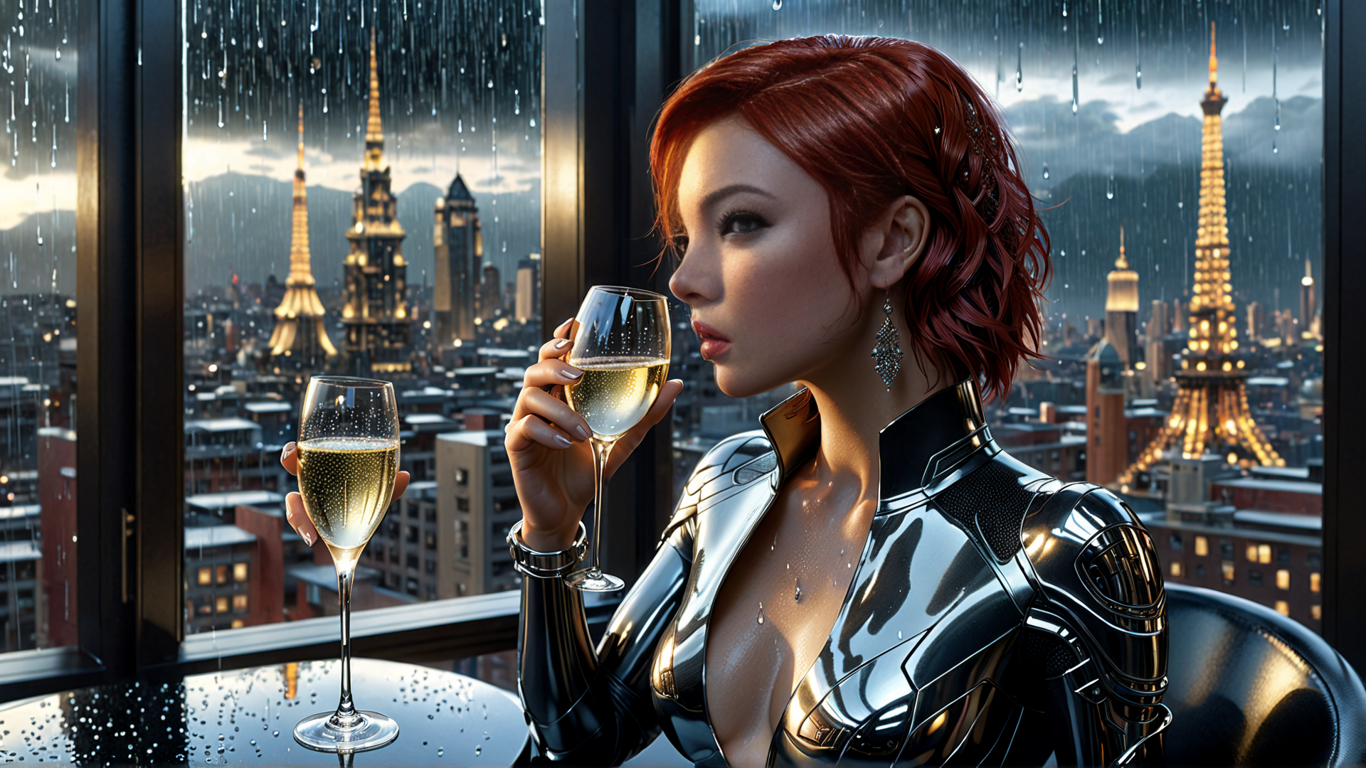 AI generated wallpaper featuring woman, cityscape, champagne
