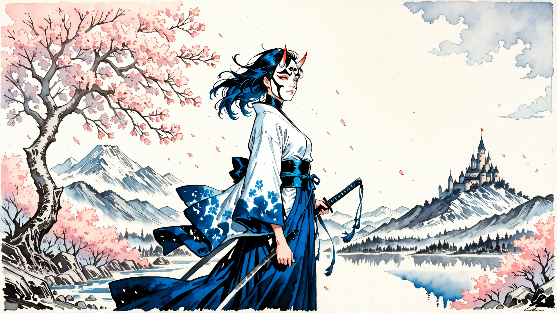 AI generated wallpaper featuring samurai, kawaii, cherry blossom, castle, mountain, sword, tree, woman, anime, traditional