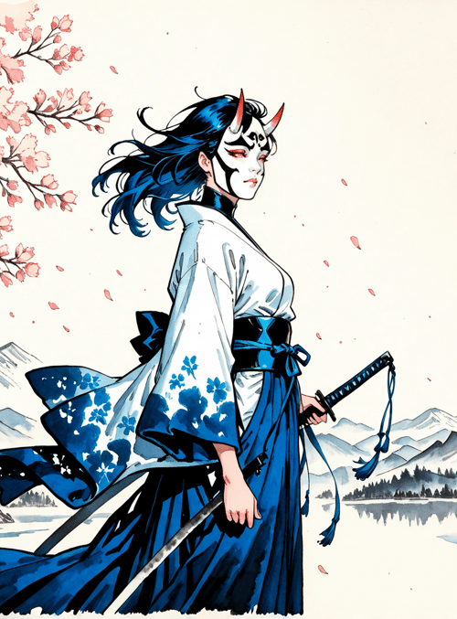 samurai, kawaii, cherry blossom, castle, mountain, sword, tree, woman, anime, traditional