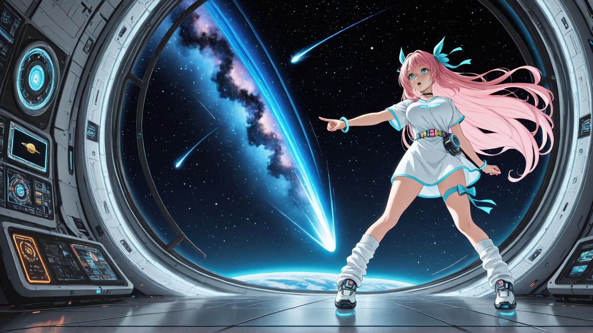 AI generated wallpaper featuring girl, space, astronaut, comet, galaxy, spaceship, planet, nebula, star, cosmos