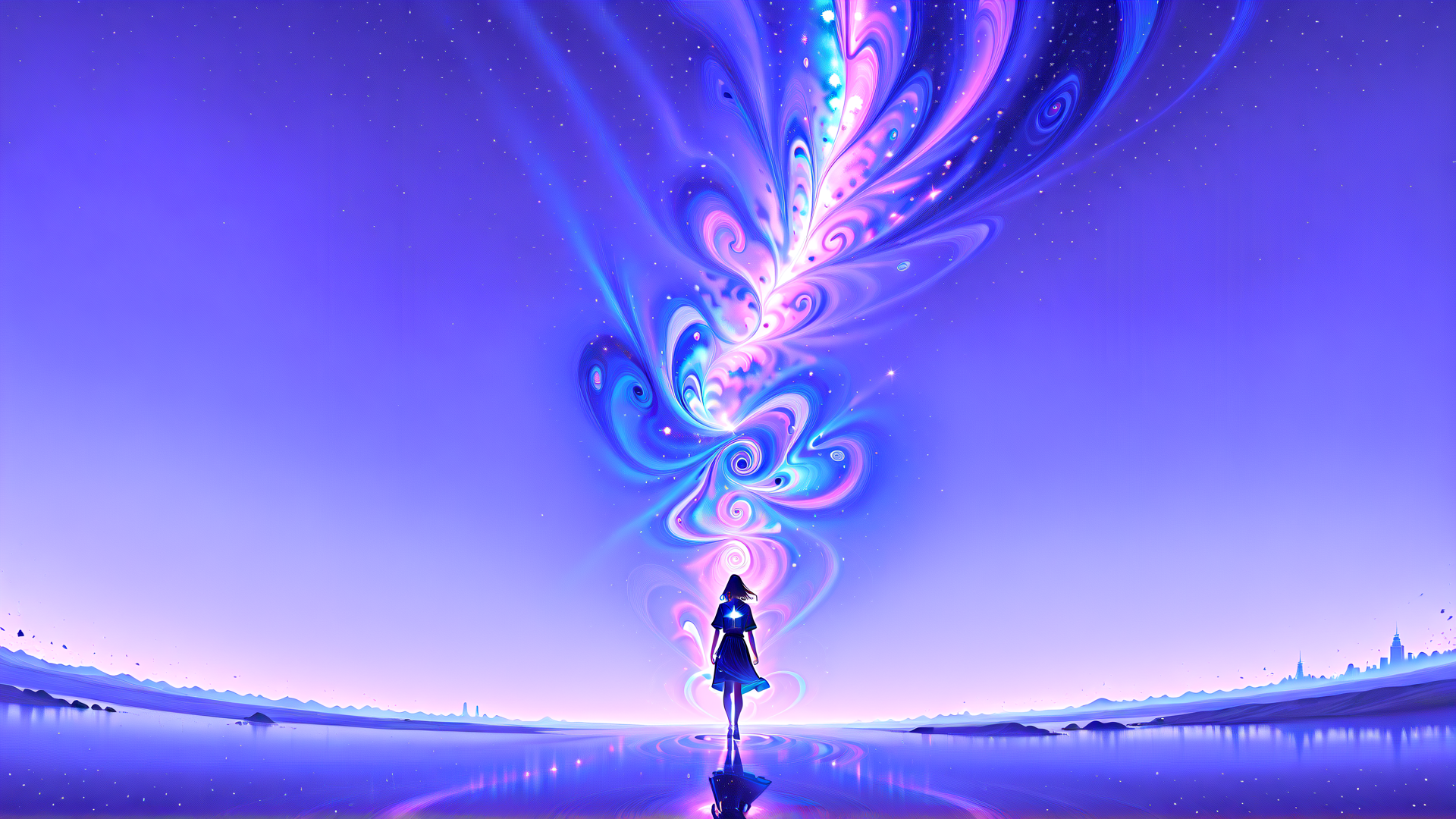 AI generated wallpaper featuring woman, galaxy, water, cityscape