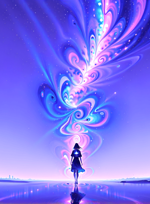 woman, galaxy, water, cityscape