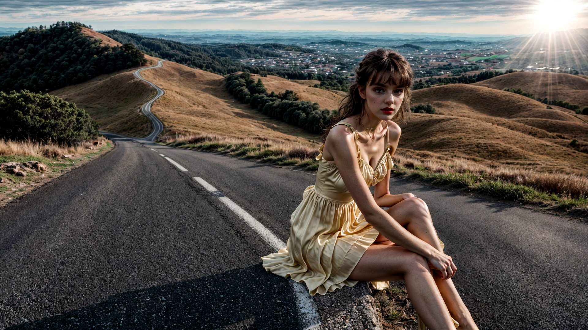 AI generated wallpaper featuring woman, road, landscape