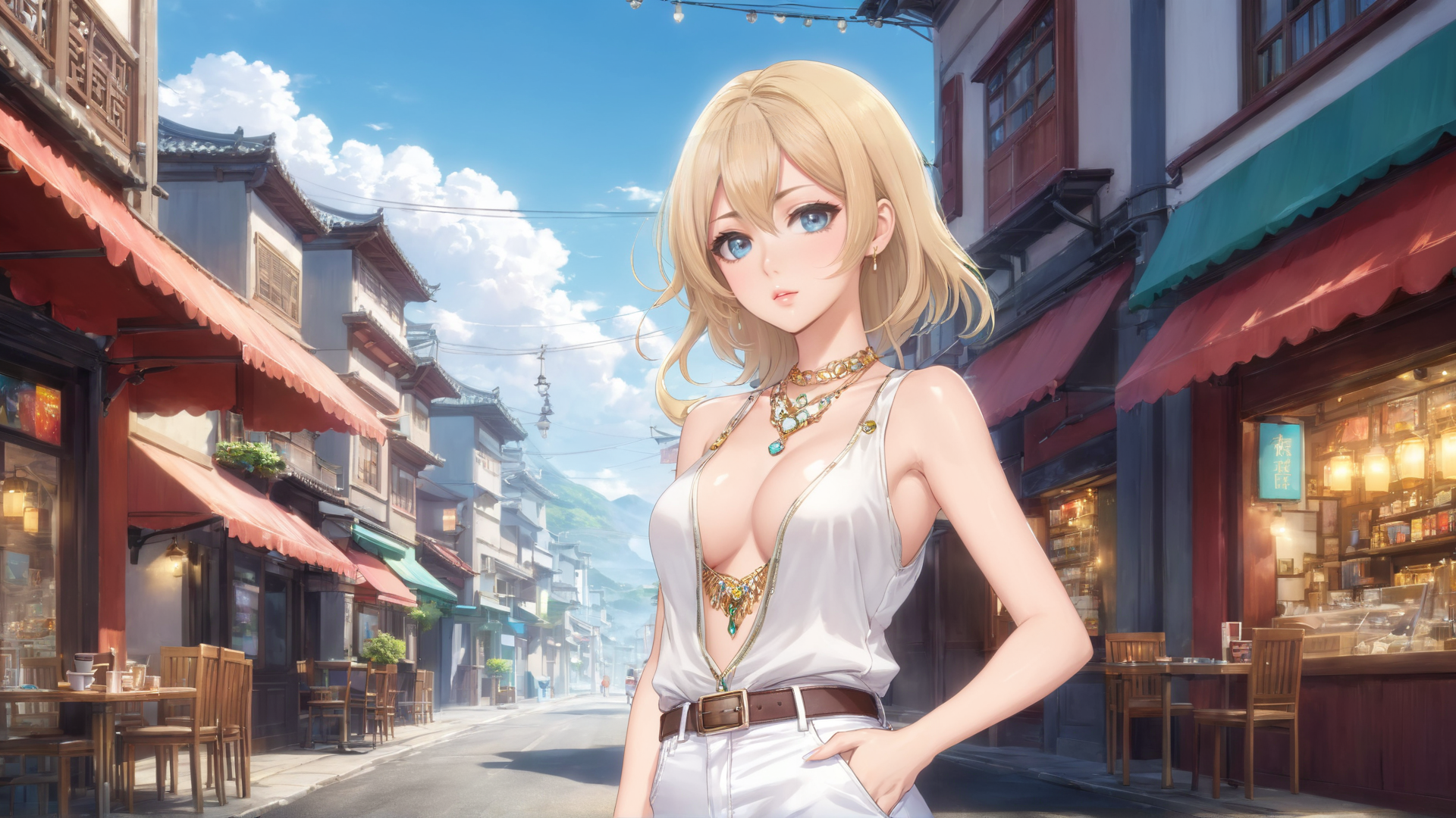 AI generated wallpaper featuring woman, street, shop