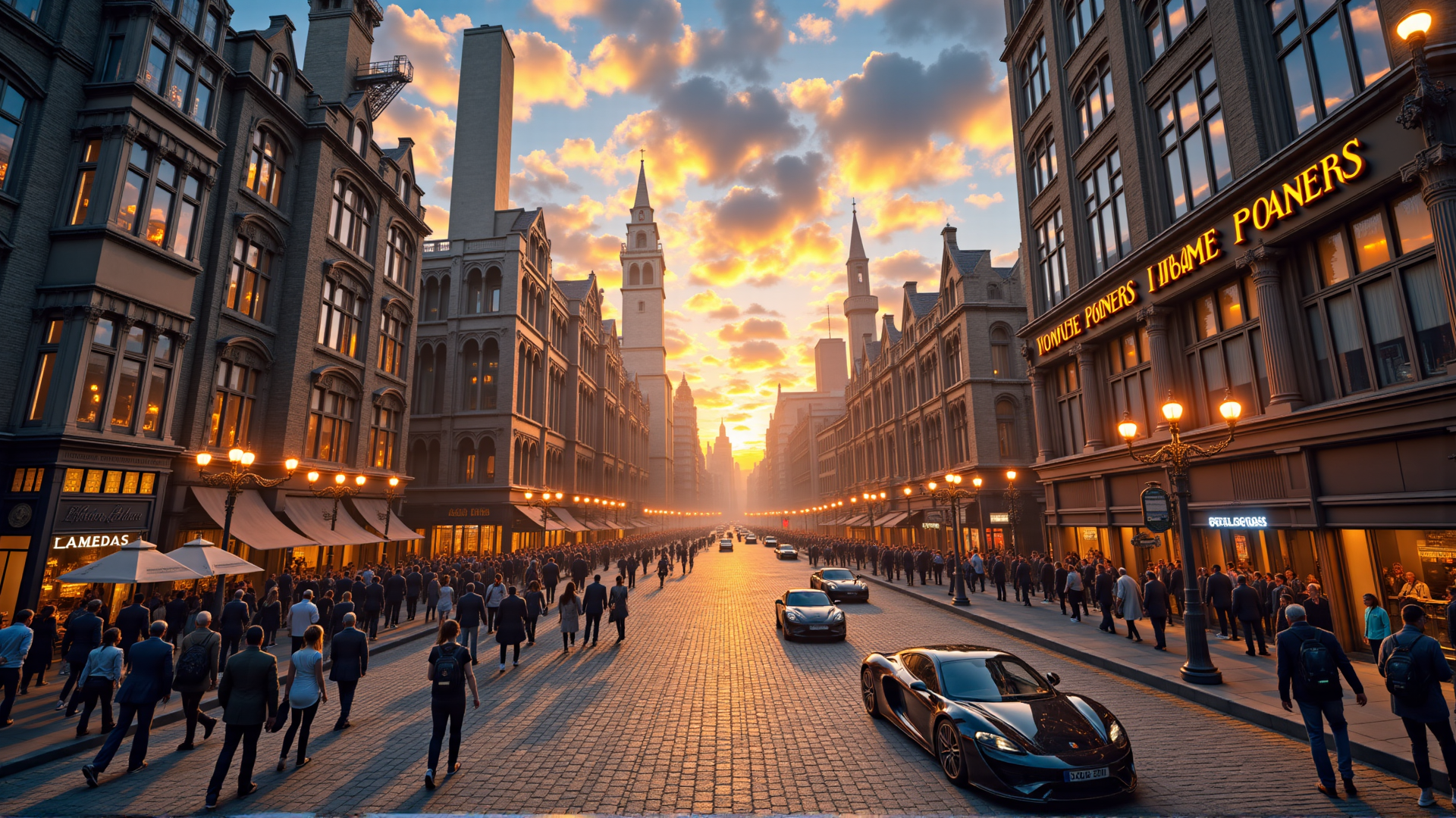 AI generated wallpaper featuring city, street, buildings, people, cars, sunset, church, lamps, shops, signs
