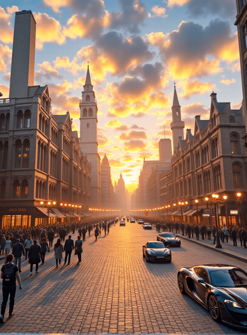 city, street, buildings, people, cars, sunset, church, lamps, shops, signs