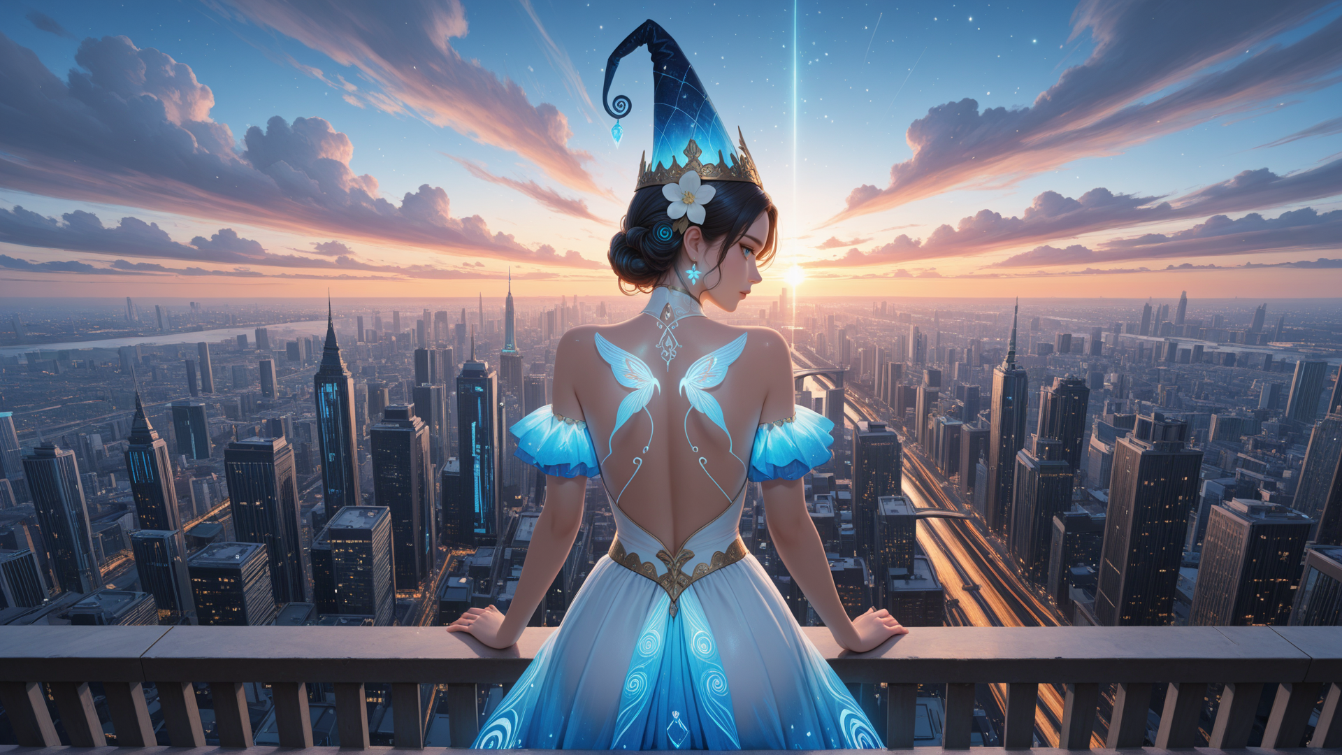 AI generated wallpaper featuring fairy, witch, cityscape, woman, dress, hat, butterfly, sunrise