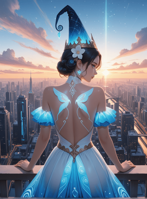 fairy, witch, cityscape, woman, dress, hat, butterfly, sunrise