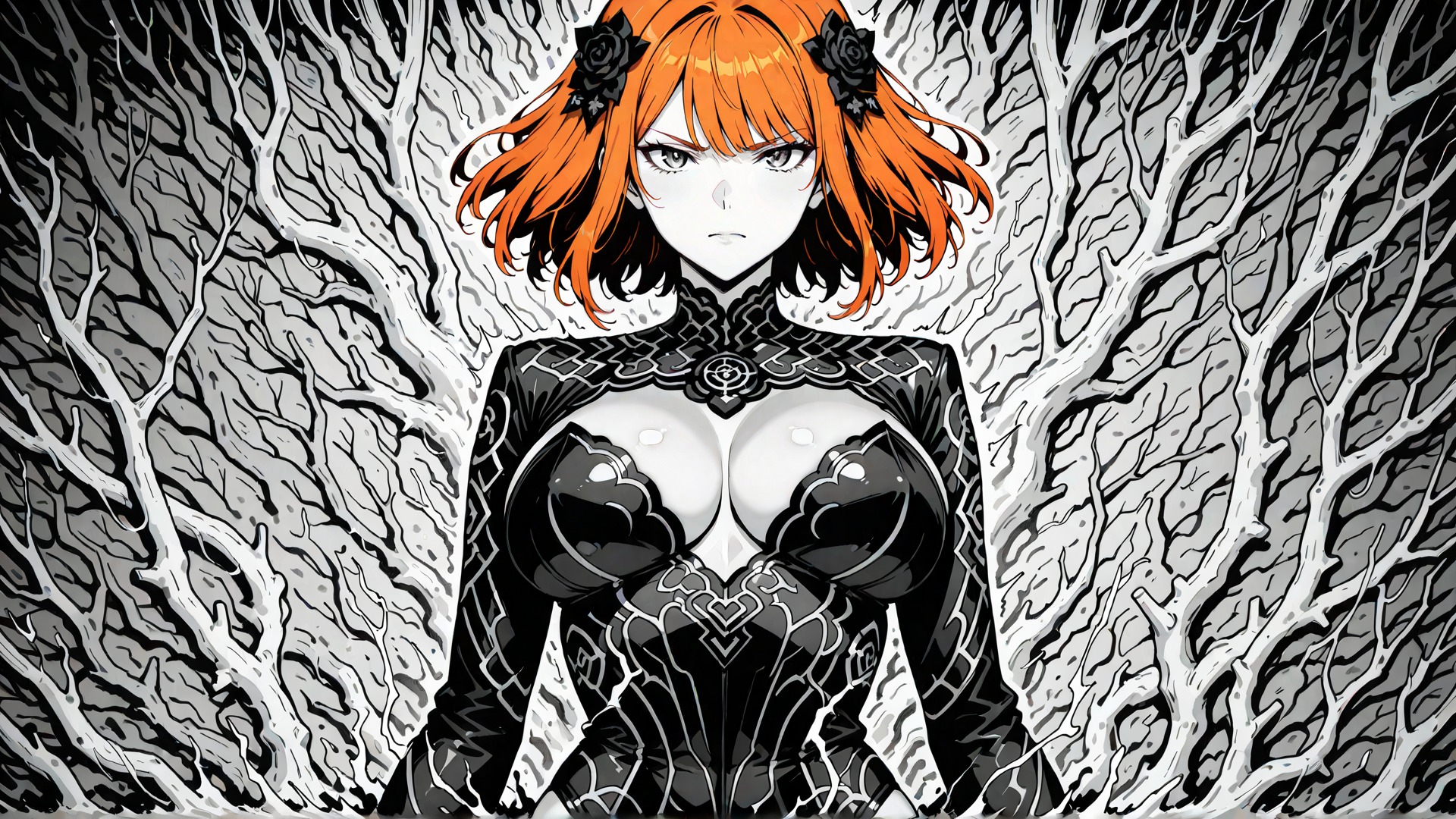 AI generated wallpaper featuring woman, trees, armor, roses