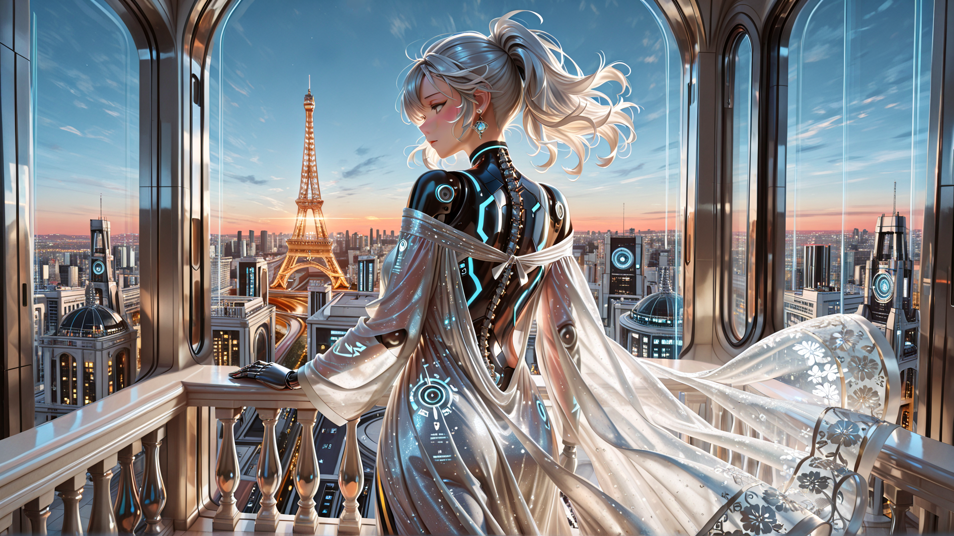 AI generated wallpaper featuring cyberpunk, robot, eiffel tower, balcony, cityscape, gown, hair, gloved hand, sunset, window