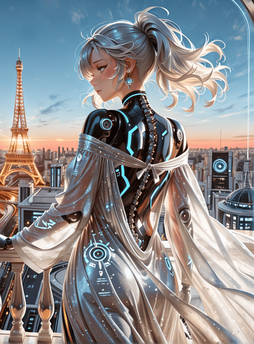 cyberpunk, robot, eiffel tower, balcony, cityscape, gown, hair, gloved hand, sunset, window